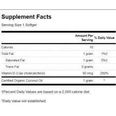 Vitamin D3 with Coconut Oil - High Potency 50mcg. / 60 Soft