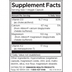 Swanson Албион магнезий и калций с витамини D3 и K2 x90 веге капсули
