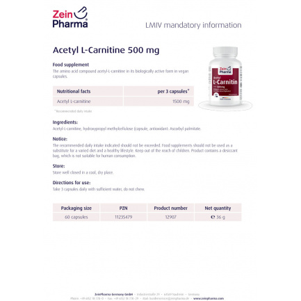 Ацетил Л-КАРНИТИН / Acetyl L-CARNITINE - ZeinPharma (60 капс)
