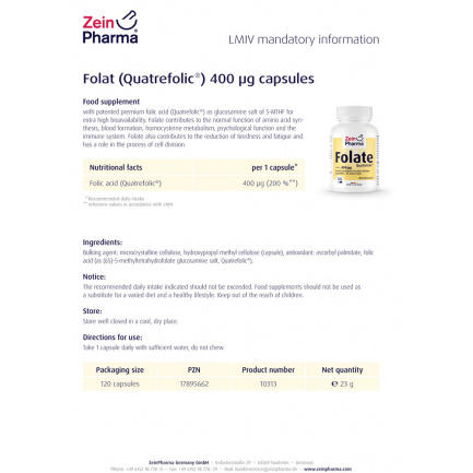 ФОЛИЕВА КИСЕЛИНА – ФОЛАТ / FOLATE - ZeinPharma (120 капс)