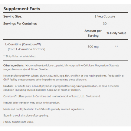 Now - L-Carnitine 500 Мг - 30 Капсули