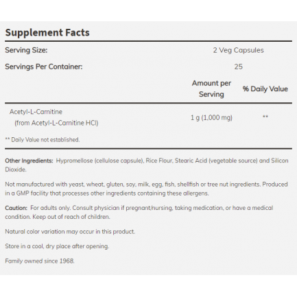 Now - Acetyl L-Carnitine 500 Мг - 50 Капсули