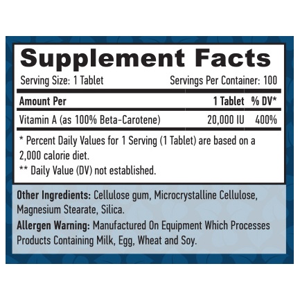 Natural Beta Carotene 20,000 IU / 100 Tabs.