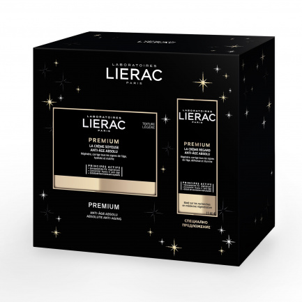 Lierac Комплект Premium Комплексна противостарееща грижа за суха кожа 50 ml + Мултикорективен околоочен крем 15 ml + ПОДАРЪК козметична чанта