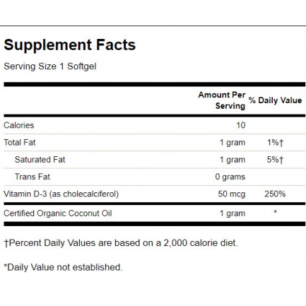 Vitamin D3 with Coconut Oil - High Potency 50mcg. / 60 Soft