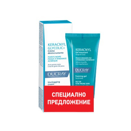 Ducray Keracnyl Измиващ гел за лице и тяло 40 ml + Keracnyl Glycolic+ Крем 30 ml