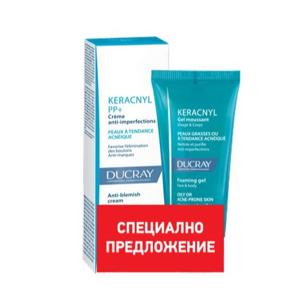 Ducray Keracnyl Измиващ гел за лице и тяло 40 ml + Keracnyl PP+ Крем против зачервявания 30 ml