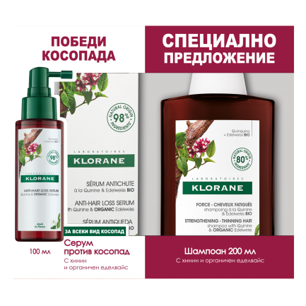 Klorane Комплект против косопад - Подхранващ шампоан с хинин и Витамин Б 400 мл + Force Tri-Active Серум против хроничен косопад 100 мл