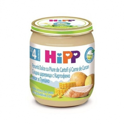 Hipp 6203 Био Пюре от сладка царевица с картофено пюре и пуешко месо 125 гр.