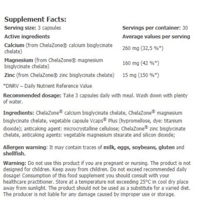 ChelaZone® MultiChel® Ca+Mg+Zn Bisglycinate Chelate / 90 Vcaps