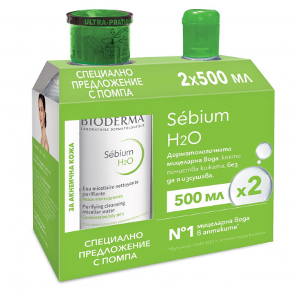 Bioderma ПРОМО Sebium H2O Почистваща мицеларна вода за мазна кожа 2 броя х500 ml