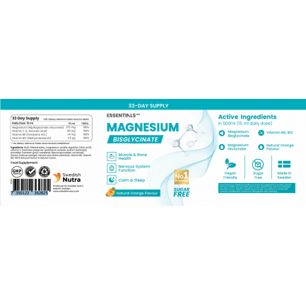 Swedish Essentials Течен Магнезий 375 mg Бисглицинат (50/33 дози) 500 ml
