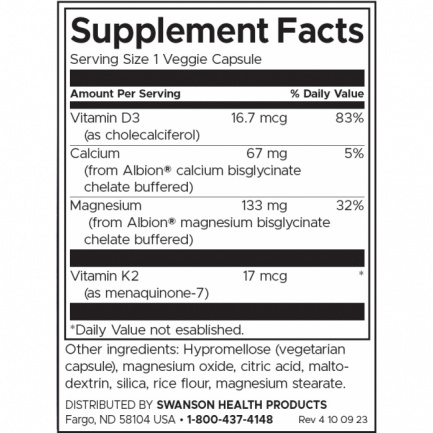 Swanson Албион магнезий и калций с витамини D3 и K2 x90 веге капсули