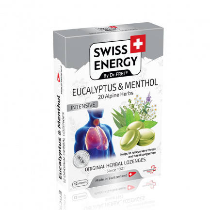 Swiss Energy Таблетки за болки в гърлото с 20 билки с Евкалипт и Мента х12 таблетки за смучене