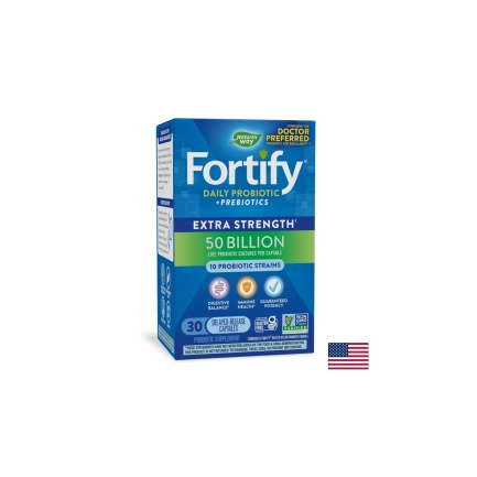 Пробиотик + пребиотици – високо дозирани Fortify Probiotic Extra Strength 50 млрд. активни пробиотици, 30 капсули със забавено освобождаване