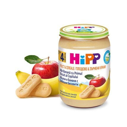 Hipp 4710 Био пълнозърнеста каша ябълки и банани с бебешки бисквити 190 гр.