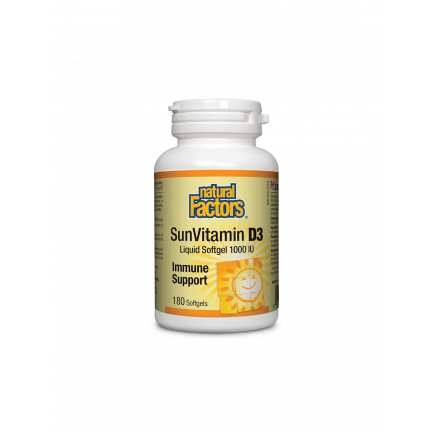 SunVitamin D3 1000 IU, Витамин D3 1000 IU, 180 софтгел капсули Natural Factors